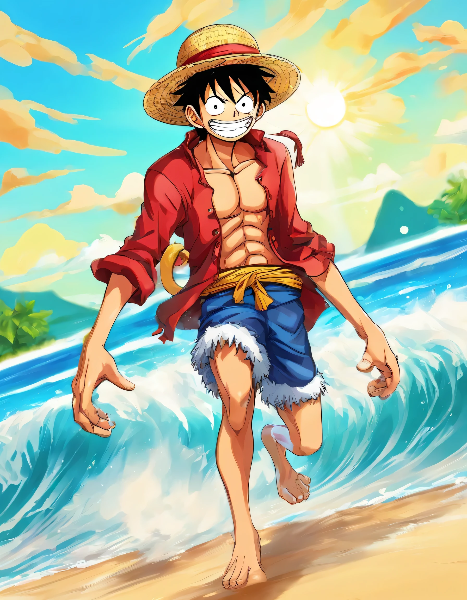 Monkey D. Luffy from &#39;One Piece&#39; in high quality, vibrant and colorful. Show him in a dynamic pose, wearing your straw hat, red shirt and blue shorts. Capture her confident smile and outstretched arms in a Gomu Gomu attack. The background can be a bright blue sea with sunny sky, highlighting Luffy&#39;s energy and joy.