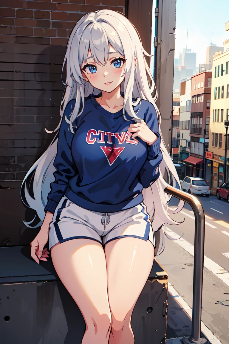 masterpiece, best quality, highly detailed background, perfect lighting, best quality, (extremely detailed face), volumetric lighting, intricate details, shadow, tonemapping, sharp focus, hyper detailed, trending on Artstation, (solo) ((Looking at the viewer)), ((city background)) .Girl with long Grey hair (Wavy hair). Blue eyes. curvy. Blush, Clear skin. Big bust. Smile ((Scantily clad)) ((Sports shoes, navy blue sweatshirt)) ((white shorts))