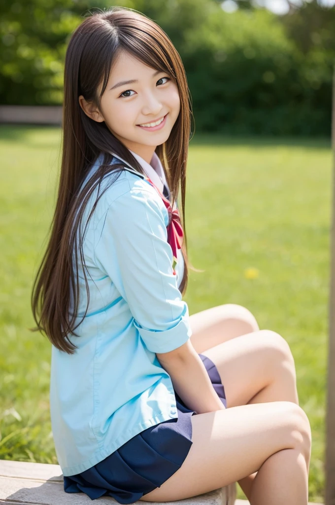 Pure Japanese school girl, outstanding body, beautiful legs, wearing uniform, natural hairstyles, sweet smile, sitting, refreshing in early summer,