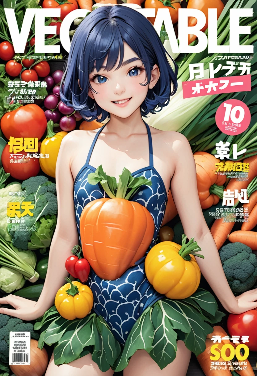 (vegetable magazine cover:1.3),(masterpiece, best quality:1.1),A gravure photo of a vegetable costume girl, cute,with a model posing ,vegetable pattern suit,model posing,summer,whole body,BREAK.(tween,detailed face,(darkblue wavy-short hair),eyebrows),smile,