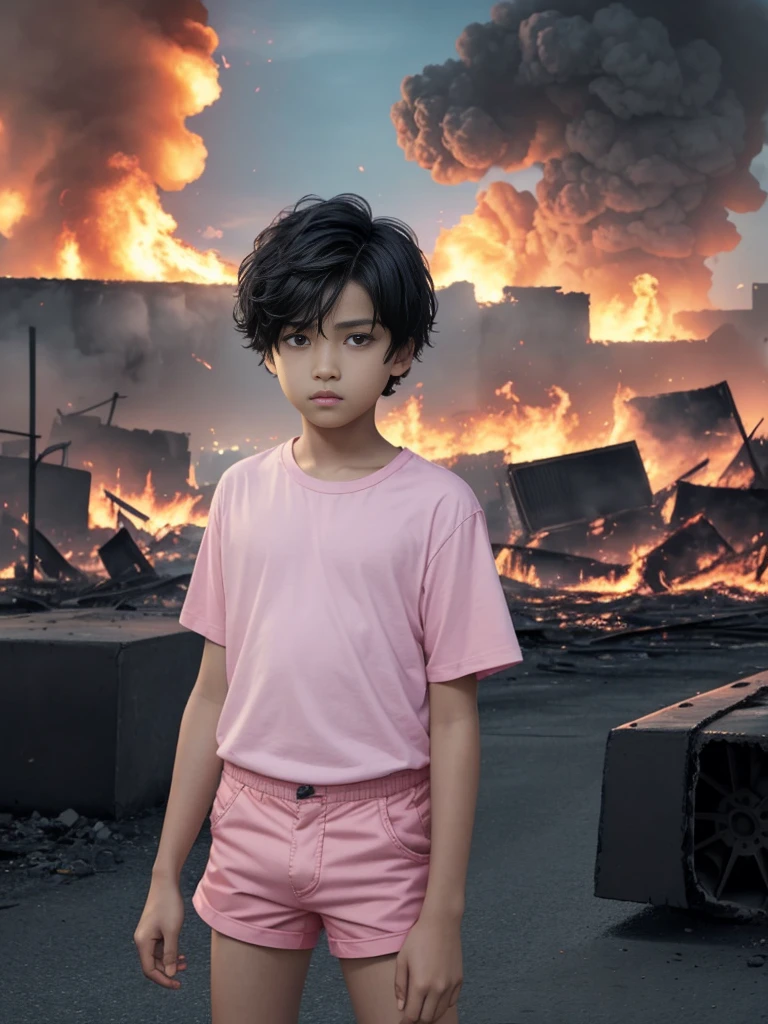 best image], [4k, HD] Boy, short black hair, 11-13 years old, short, light skin, wearing pastel pink shirt, black shorts, back to the Screen, destroyed city on fire, blue fire in the background