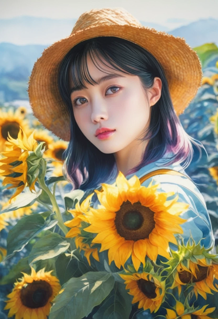 (artwork:Otomo Katsuhiro)
8K, High resolution, A complex and intricate masterpiece, (Summer vacation:1.2), (Girl holding a bouquet of sunflowers:1.1)、Sunflower field、Beautiful Face、transparent, Glowing black eyes, Blue sky and brown eyes, Medium Shot, Blue Hair, Organic Shapes, Hard Edge, Anatomically correct body,  Ultra-realistic, elegant,Cinema Lighting, Very detailed, Vibrant colors, Octane Rendered Sunflower Bouquet、 Unreal atmosphere, Award-winning works, Bright and rich colors, iridescent accents, Dramatic Shadows,Dynamic and atmospheric lighting, Anamorphic Lens, Sharp focus, 
Otomo Katsuhiroによる精緻で緻密な傑作, Katsuhiro Otomo STYLE, Pop Surrealism, watercolor , Kanna Hashimoto