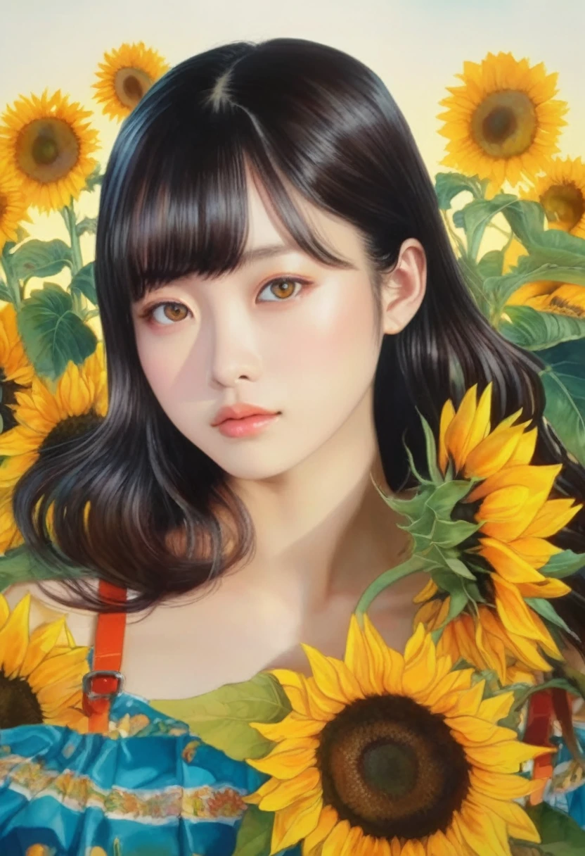 (artwork:Otomo Katsuhiro)
8K, High resolution, A complex and intricate masterpiece, (Summer vacation:1.2), (Girl holding a bouquet of sunflowers:1.1)、Sunflower field、Beautiful Face、transparent, Glowing black eyes, Blue sky and brown eyes, Medium Shot, Blue Hair, Organic Shapes, Hard Edge, Anatomically correct body, Ultra-realistic, elegant,Cinema Lighting, Very detailed, Vibrant colors, Octane Rendered Sunflower Bouquet、 Unreal atmosphere, Award-winning works, Bright and rich colors, iridescent accents, Dramatic Shadows,Dynamic and atmospheric lighting, Anamorphic Lens, Sharp focus,
Otomo Katsuhiroによる精緻で緻密な傑作, Katsuhiro Otomo STYLE, Pop Surrealism, watercolor , Kanna Hashimoto