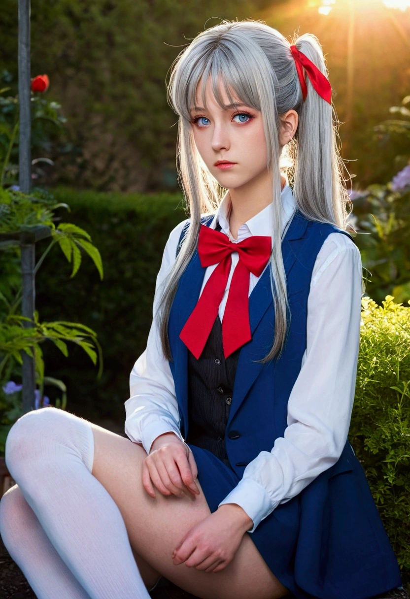 The anime girl has long, silver hair tied with a red ribbon, striking blue eyes, and a serious expression. She wears a light blazer over a dark vest or dress, a red bowtie, and white thigh-high socks, she appears thoughtful in the serene, light-filled setting.Sitting in a garden at sunset