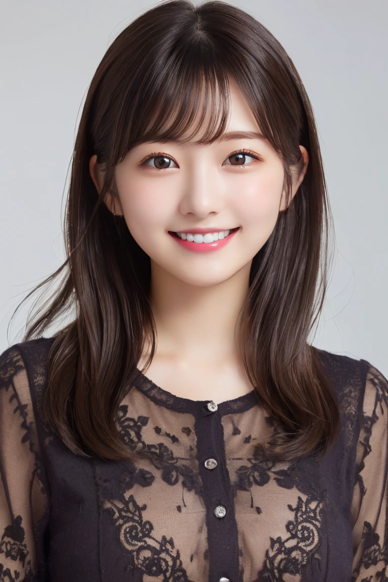 Highest quality, (beautiful)、Very delicate eyes、Brown eyes、23 year old female、Brown Hair、Smiling with teeth showing、I'm about to hand over the documents、Semi-short hair、cardigan、Soft breasts photographed from above、Internal Background