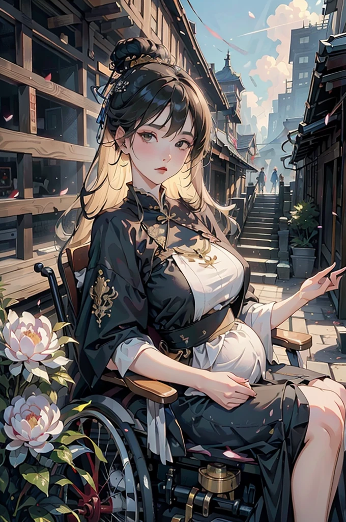 In a wooden wheelchair,pregnant,Chinese dress, Slim , Black skirt,dynasty, White top, blacksole,(Surrealism) , (illustration), (Improve resolution), (8K), (original photo,best quality),(Realistically,Photo-realistic:1.3),best quality,Very detailed,masterpiece,Ultra Detailed,( wallpaper), (Delicate face), solitary,1 girl,Very detailed,Dynamic Angle,Cowboy shooting,The most beautiful form of chaos,elegant,Brutalist design,Vibrant colors,goddesodel illustration,Costumes,best quality,Extremely fine jewelry,Peony petals,landscape,Rios|purely,Not suitable for working hours,