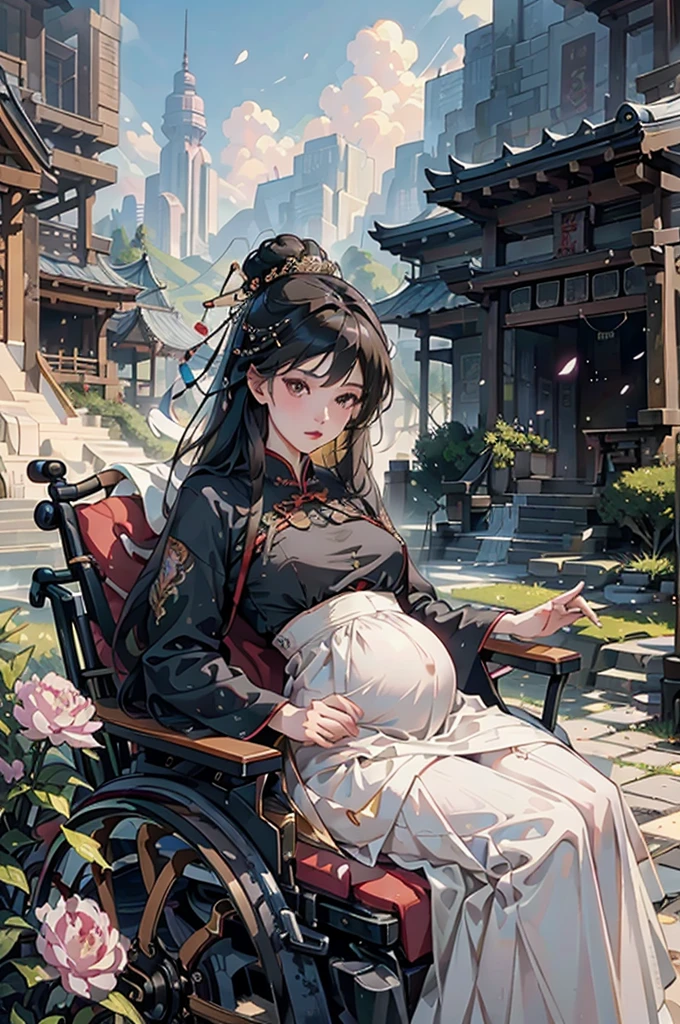 In a wooden wheelchair，pregnant，Chinese dress, Slim , Black skirt,dynasty, White top, blacksole，(Surrealism) , (illustration), (Improve resolution), (8K), （original photo，best quality），（Realistically，Photo-realistic：1.3），best quality，Very detailed，masterpiece，Ultra Detailed，( wallpaper), (Delicate face), solitary,1 girl，Very detailed，Dynamic Angle，Cowboy shooting，The most beautiful form of chaos，elegant，Brutalist design，Vibrant colors，goddesodel illustration，Costumes，best quality，Extremely fine jewelry，Peony petals，landscape，Rios|purely，Not suitable for working hours, 