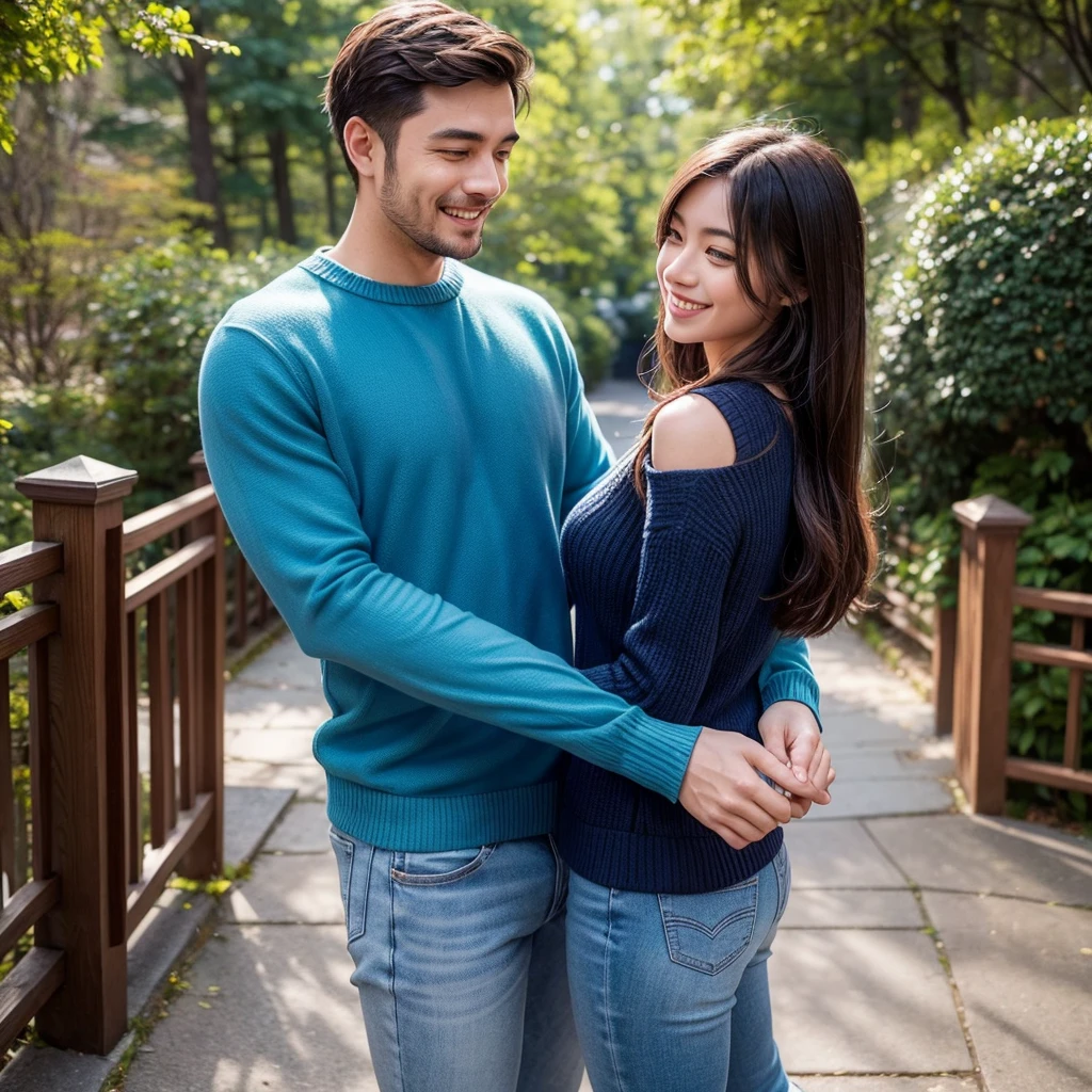 A caring and affectionate man, dressed in blue clothing, representing the ESFJ (Consul) MBTI personality type. He is depicted with a warm smile, holding his girlfriend's hand tenderly. They are in a cozy, romantic setting, perhaps a beautiful park or a serene home environment, to emphasize his deep commitment and one-track devotion to her. The colors should be vibrant, with a focus on the blue of his attire to highlight his personality type.