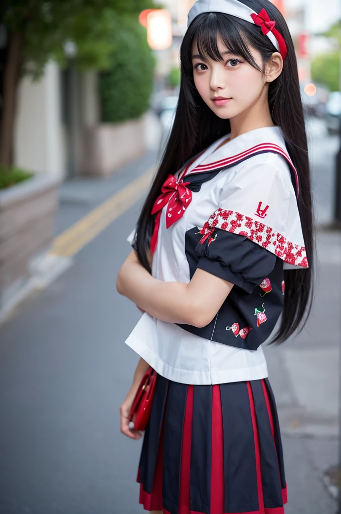 Sailor Mars with long black hair wearing a sailor fuku uniform with cherry print and cherry accessories. Natural skin flaws, realistic straight hair texture. Shot using a Canon EOS R camera with a 50mm f/1.8 lens, f/2.2 aperture, shutter speed 1/200s, ISO 100, 3/4 body view --s 750