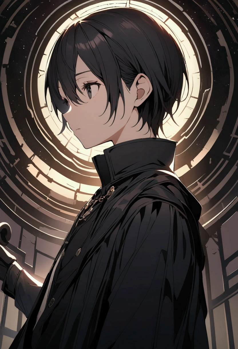 "mysterious art:
Create an illustration of Kirito exploring an unknown virtual world.., Full of mystery and discovery.".