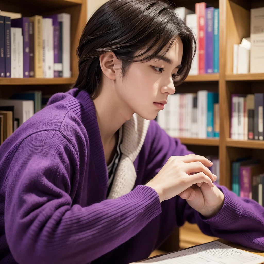 A thoughtful and dedicated man, dressed in purple clothing, representing the INTJ (Architect) MBTI personality type. He is depicted with a focused and caring expression, holding his girlfriend's hand with a sense of deep commitment. They are in a serene and intellectually stimulating environment, such as a cozy library or a peaceful study, highlighting his strategic thinking and loyalty. The colors should be vivid, with the purple of his attire emphasizing his personality type.