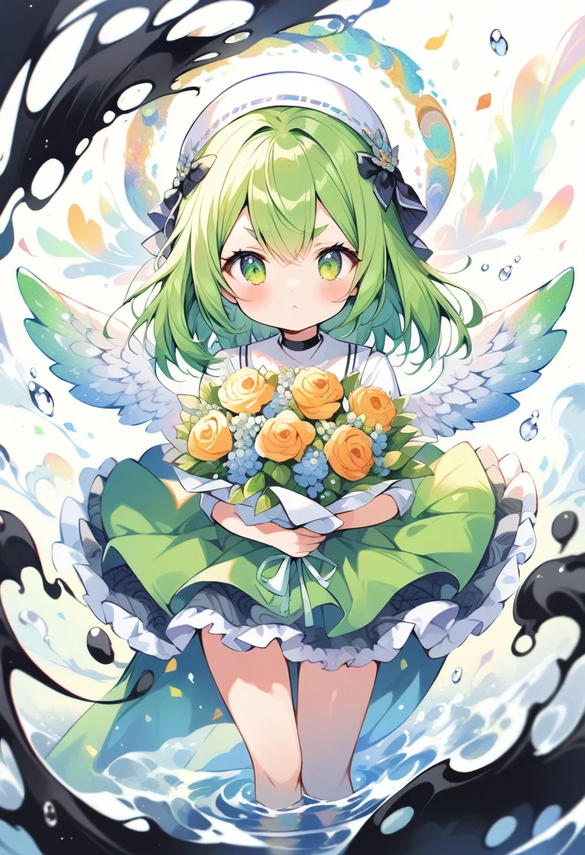 (li:1.4),(liemale child:1.ute face, 6 years old,kawhlight on eyes:1.1), small breast, (jiggly:0.8), shiny skin,(mini girl:1.5),
BREAK 
(green maro eyebrows:1.2), :<, (jitome:1.1),pouty and slightly grumpy,(medium green hair:1.3),pout,disgusted eyes, green eyes, puffy eyes,
BREAK
breathtalking Scenery, breathtalking Beauty, breathtalking Cute,scenery, (best quality, masterpiece:1.2), (ultra high quality:1.2),smooth soft skin, natural skin,watercolor,
BREAK
marbled patterns nun dress, (marbling botanical pattern veil),(marbling angel wings:1.2),marbling (angel halo:1.2),blush,choker,nun,excessive detailed collarbone,
BREAK 
(marbling:1.5), marbled patterns,(swirling colors:1.2), abstract art, ink on water, floating water drops,water effect, ink,  zentangle,fractal,entangle,swirl,floral pattern,
BREAK
flower bouquet, (digits behind bouquet:1.3), (hands behind bouquet:1.3),
(holding bouquet:1.1), celebration, Congratulations,confetti, bloom effect,dynamicangle,pastelcolor,upturned eyes,