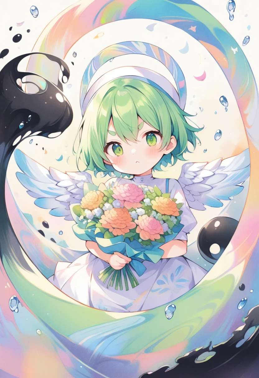 (loli:1.4),(little female child:1.4), cute face, 6 years old,kawaii, (highlight on eyes:1.1), small breast, (jiggly:0.8), shiny skin,(mini girl:1.5),
BREAK
(green maro eyebrows:1.2), :<, (jitome:1.1),pouty and slightly grumpy,(medium green hair:1.3),pout,disgusted eyes, green eyes, puffy eyes,
BREAK
breathtalking Scenery, breathtalking Beauty, breathtalking Cute,scenery, (best quality, masterpiece:1.2), (ultra high quality:1.2),smooth soft skin, natural skin,watercolor,
BREAK
marbled patterns nun dress, (marbling botanical pattern veil),(marbling angel wings:1.2),marbling (angel halo:1.2),blush,choker,nun,excessive detailed collarbone,
BREAK
(marbling:1.5), marbled patterns,(swirling colors:1.2), abstract art, ink on water, floating water drops,water effect, ink, zentangle,fractal,entangle,swirl,floral pattern,
BREAK
flower bouquet, (digits behind bouquet:1.3), (hands behind bouquet:1.3),
(holding bouquet:1.1), celebration, Congratulations,confetti, bloom effect,dynamicangle,pastelcolor,upturned eyes,