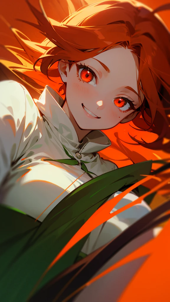 Highest quality、 masterpiece、Upper body close-up、Smiling woman、Windblown orange hair、Glowing red eyes、Background of phobia、White and green clothes