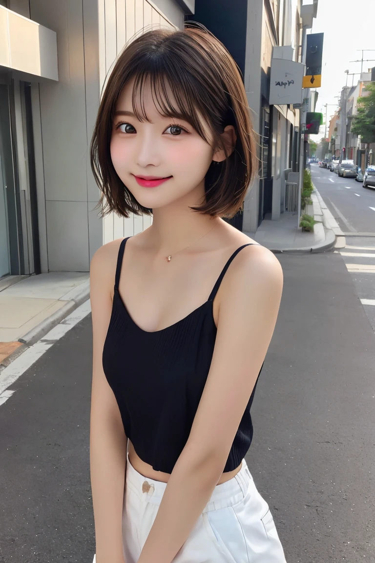 Highest quality, (beautiful)、Super delicate eyes、Brown eyes、22-year-old female、Brown Hair、looking at the camera、Semi-short hair、camisole、Soft Breasts、smile、Shorts、Gal、Street Corner、Natural Lip