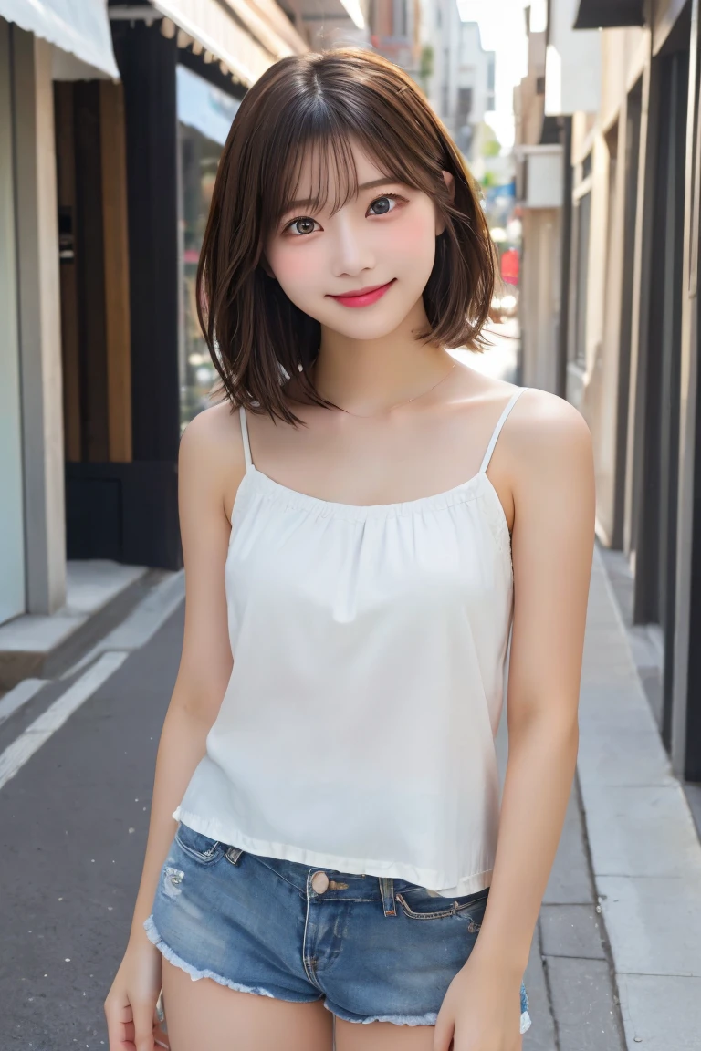 Highest quality, (beautiful)、Super delicate eyes、Brown eyes、22-year-old female、Brown Hair、looking at the camera、Semi-short hair、camisole、Soft Breasts、smile、Shorts、Gal、Street Corner、Natural Lip