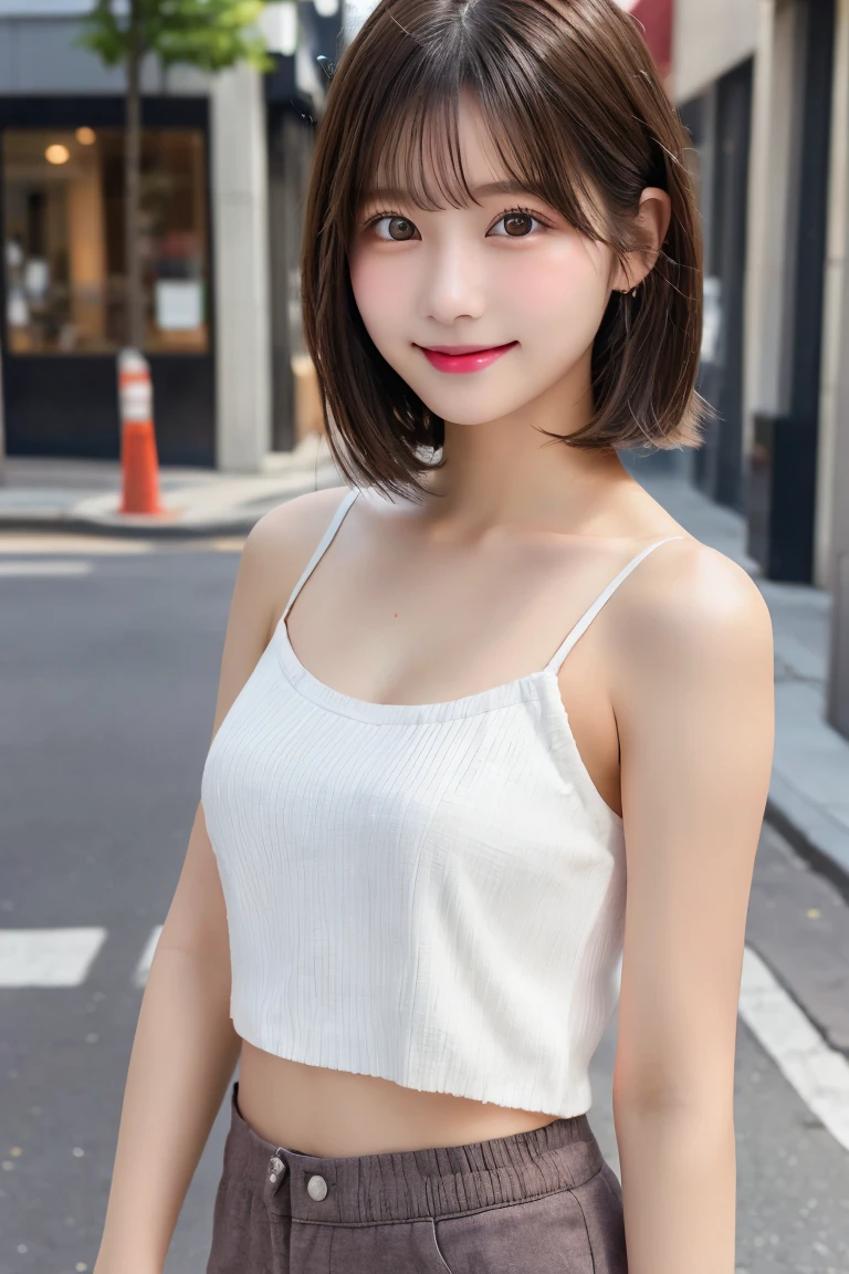 Highest quality, (beautiful)、Super delicate eyes、Brown eyes、22-year-old female、Brown Hair、looking at the camera、Semi-short hair、camisole、Soft Breasts、smile、Shorts、Gal、Street Corner、Natural Lip