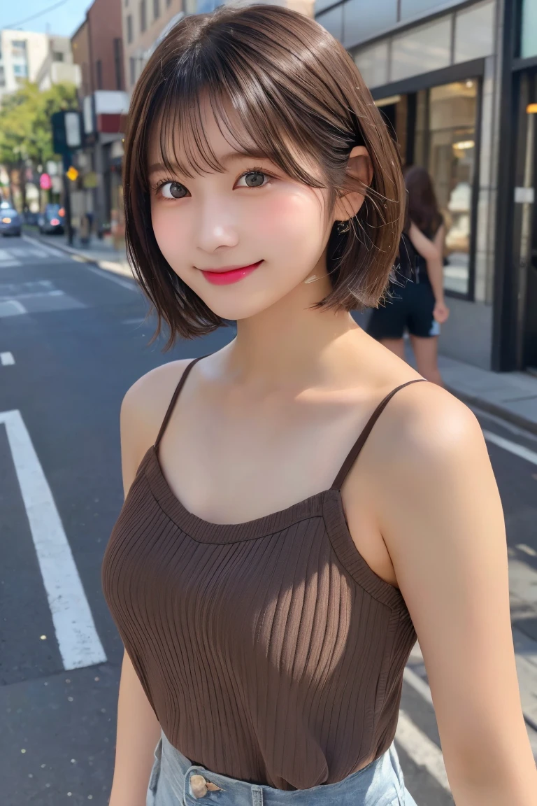 Highest quality, (beautiful)、Super delicate eyes、Brown eyes、22-year-old female、Brown Hair、looking at the camera、Semi-short hair、camisole、Soft Breasts、smile、Shorts、Gal、Street Corner、Natural Lip