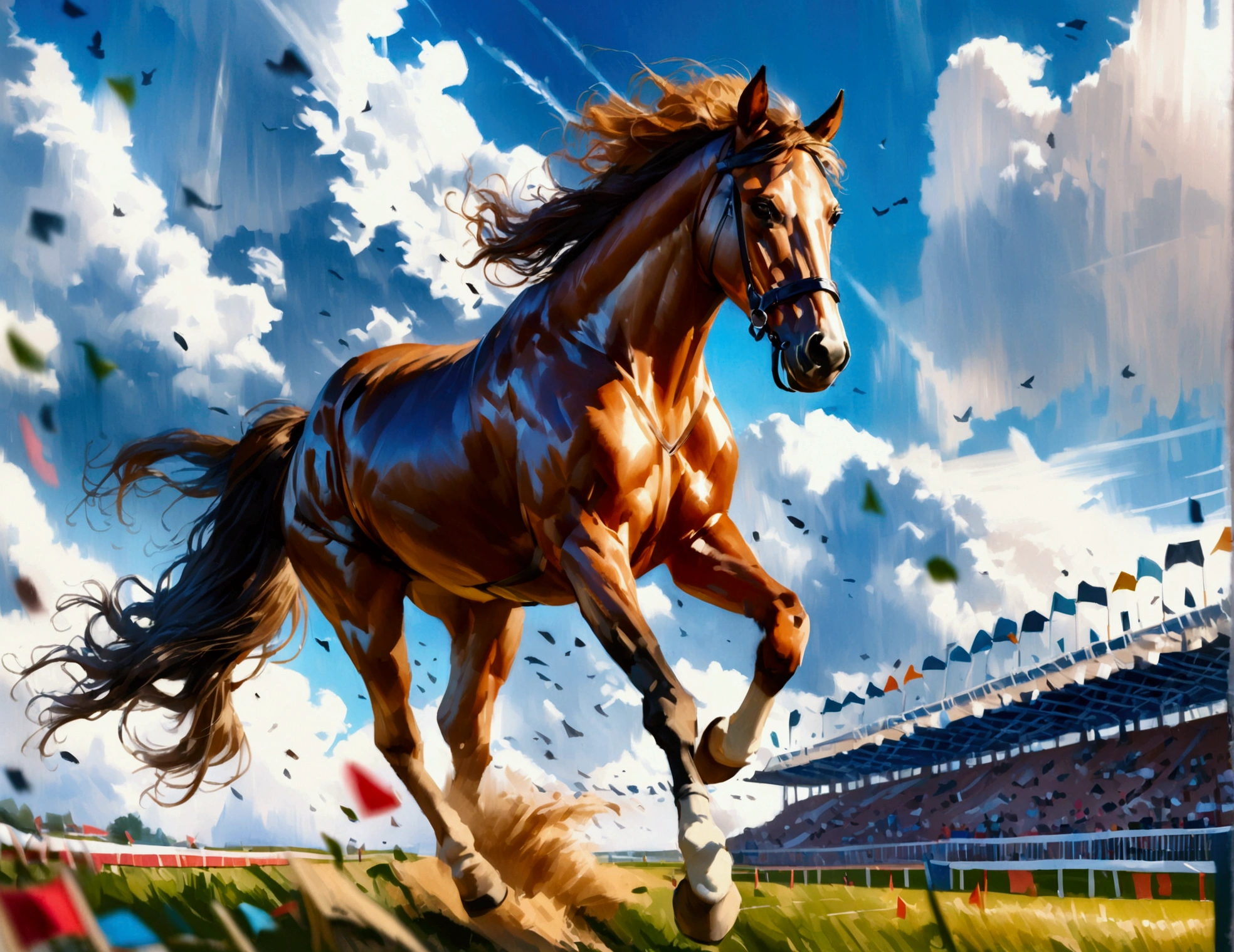 A majestic horse galloping freely on a race course, its powerful muscles rippling beneath a coat of silky hair, (best quality,4k,8k,highres,masterpiece:1.2),ultra-detailed,(realistic,photorealistic,photo-realistic:1.37),dramatic lighting,cinematic composition,highly detailed equine anatomy,dynamic motion blur,stunning realism,beautiful natural landscape,race course,cloudy sky,depth of field