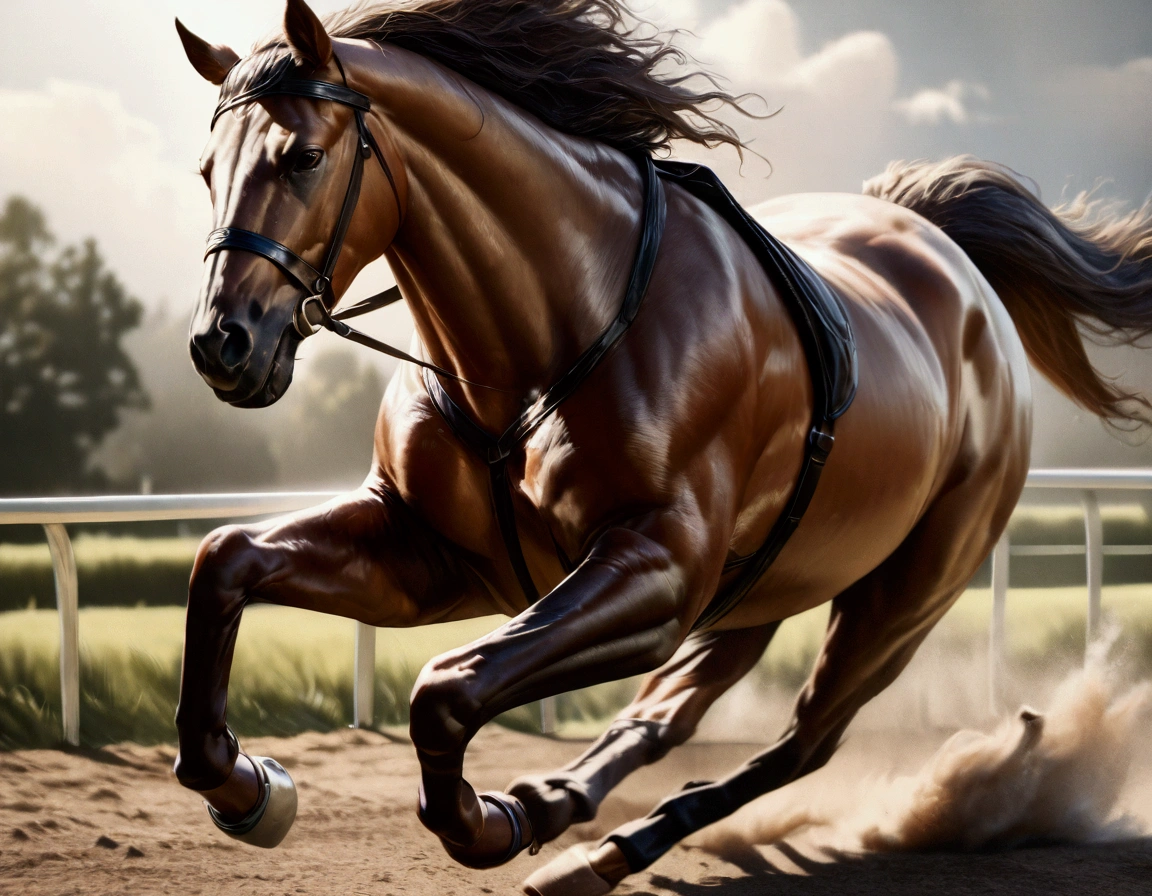 A majestic horse galloping freely on a race course, its powerful muscles rippling beneath a coat of silky hair, (best quality,4k,8k,highres,masterpiece:1.2),ultra-detailed,(realistic,photorealistic,photo-realistic:1.37),dramatic lighting,cinematic composition,highly detailed equine anatomy,dynamic motion blur,stunning realism,beautiful natural landscape,race course,cloudy sky,depth of field