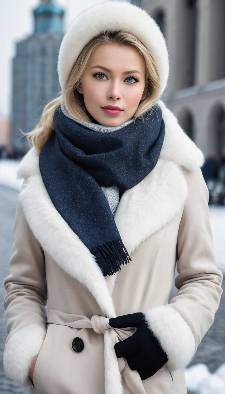 Black Cossack hat), (Overcoat for cold weather, denim), (White Mink scarf:1.3), (Black mitten:1.3), front view , Full-body, standing pose, looking at viewer, Russian girl, 18 age old, (Blond hair, middle hair , wince, Gray eyes, beautiful lip, serious), winter, fall snow, Moscow city, textured skin , HI detailed skin, (foreshortening, Canon, anatomically correct, super detail, high details, highness,