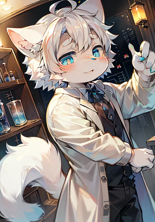 (Bright environment:0.8),masterpiece,high quality,abstract res,number\(artwork\), From dagasi, Yes,Seizan(Fluffy fur,character focus:1.1),male cat,short hair,portrait , Bright eyes, panoramic, character focus.(Detailed background:0.7), hairy, hairy male, Male focus, (全身hairy, A cat's tail, White fur, Blue pupils, White hair:1.2), (Cats、cat plush、Lab coat、Cat Boy:1.2)