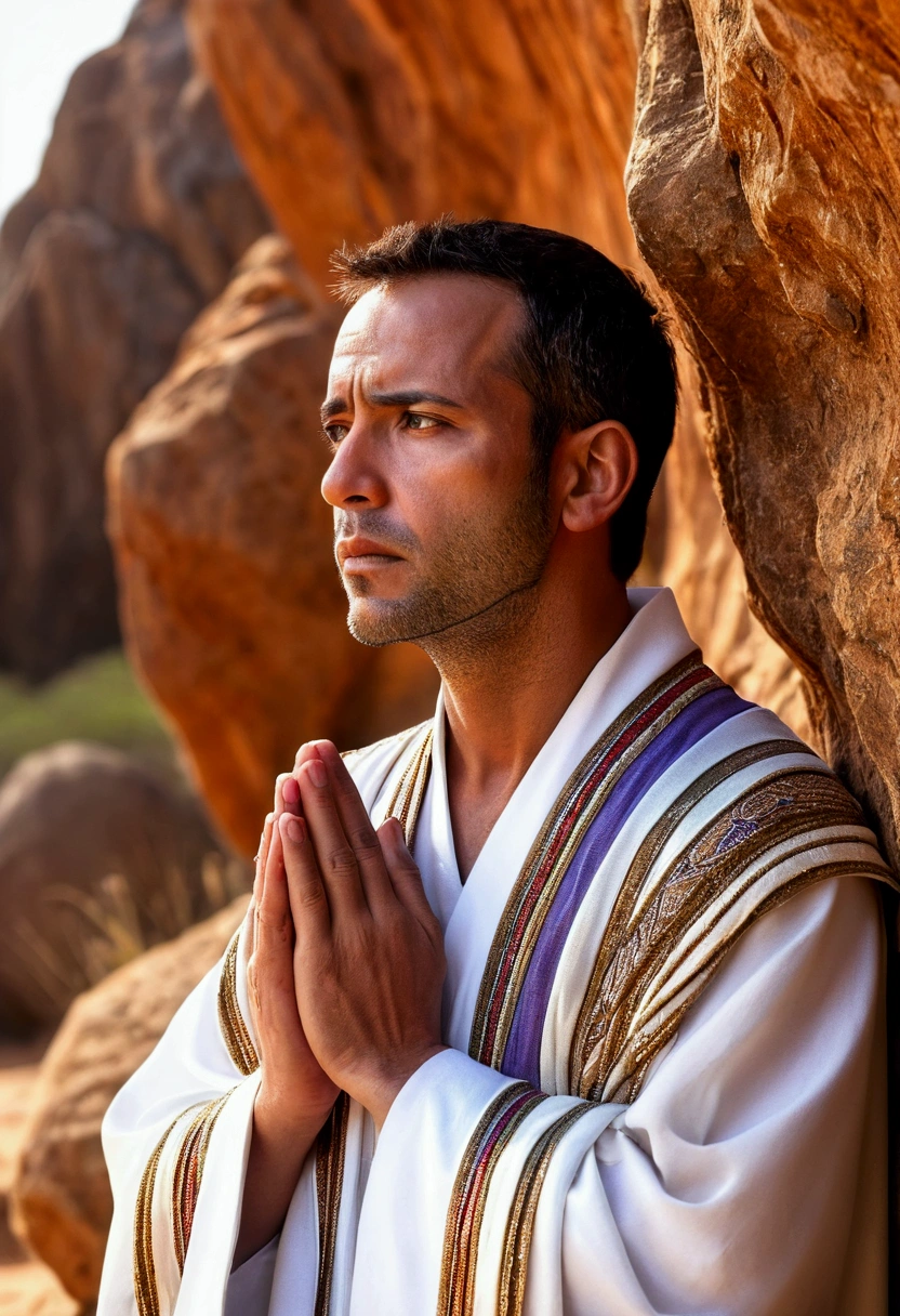 ((Sao Joaquim, 35 years old))) With a serious and pious face. With a gentle and tender look))) (((Image of praying fasting in the desert ))) (((an angel in front of him appearing and bringing the divine message)))(Masterpiece, maximum quality, best quality, art official, beautiful and aesthetic: 1.2), (1 man), extremely detailed, (fractal art: 1.3), colorful, more detailed, perfect face, upper body, HDR, (praying against rocks: 1 ,3), (black lines of the brown Hebrew robe: 1,2), galaxy, (light stripes), attractive visuals, (dynamic stripes, luminous paths: 1,2), vibrant colors,