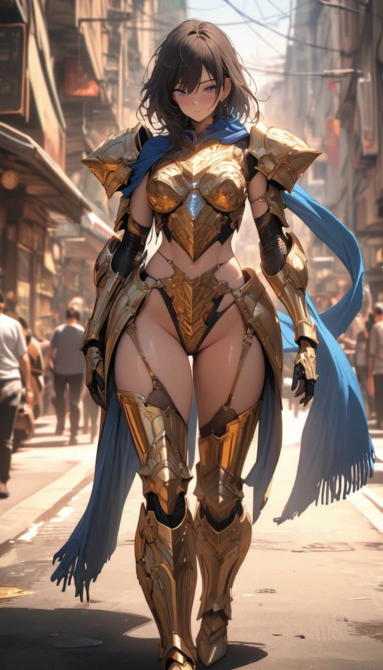 1GIRL, SOLO, (dark-blue hair, hair gold ornament), (HUGE FAKE BOOBS:1.3), (white, sea blue, gold, FUTURISTIC DRAGON MECHA ARMOR SUIT, ROYAL CAPE, CLEAVAGE:1.5), (SKINTIGHT YOGA PANTS, HIGH HEELS:1.2), (NSFW GLAMOROUS BODY, SEXY LONG LEGS, FULL BODY:1.3), (FROM FRONT, LOOKING AT VIEWER:1), (WALKING DOWN ON STREET NIGHT CITY:1.3), PHYSICALLY-BASED RENDERING, ULTRA HIGHT DEFINITION, 8K, 1080P.