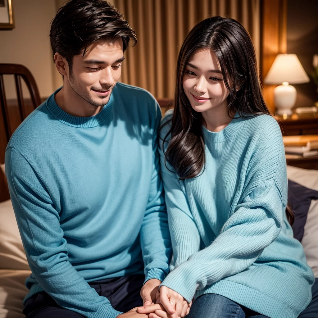 A caring and affectionate man, dressed in blue clothing, representing the ESFJ (Consul) MBTI personality type. He is depicted with a warm smile, holding his girlfriend's hand tenderly. They are in a cozy, romantic setting, perhaps a beautiful park or a serene home environment, to emphasize his deep commitment and one-track devotion to her. The colors should be vibrant, with a focus on the blue of his attire to highlight his personality type.