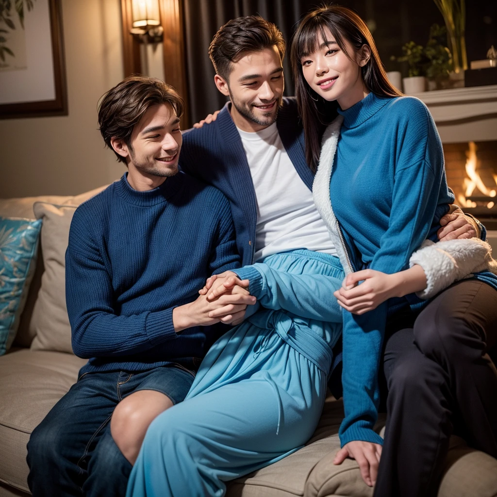 A caring and affectionate man, dressed in blue clothing, representing the ESFJ (Consul) MBTI personality type. He is depicted with a warm smile, holding his girlfriend's hand tenderly. They are in a cozy, romantic setting, perhaps a beautiful park or a serene home environment, to emphasize his deep commitment and one-track devotion to her. The colors should be vibrant, with a focus on the blue of his attire to highlight his personality type.