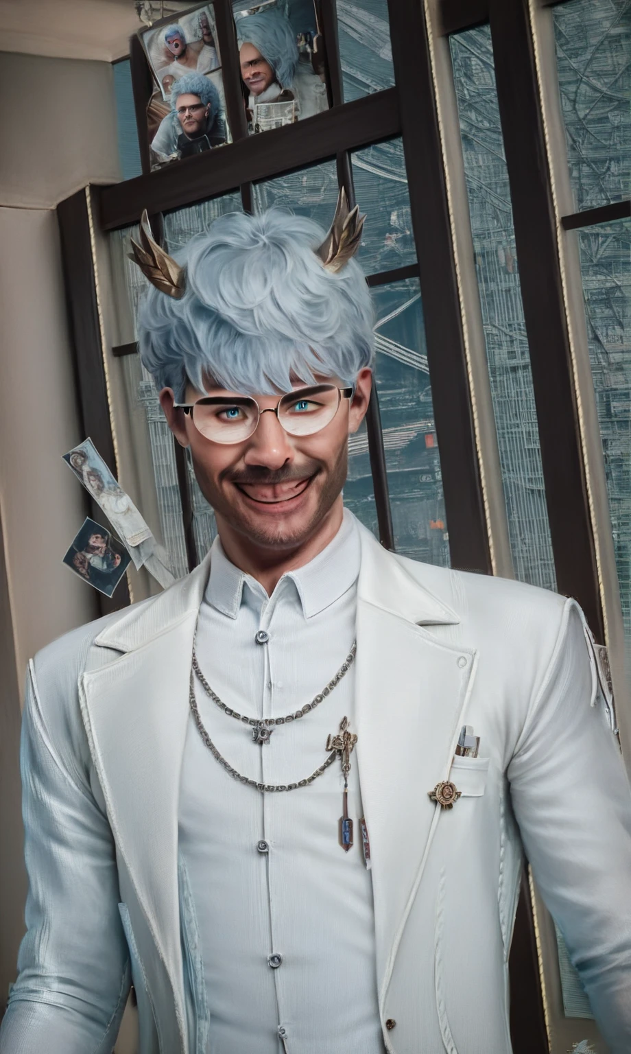 (best quality,4k,8k,highres,masterpiece:1.2),ultra-detailed,(realistic,photorealistic,photo-realistic:1.37),1 man,31 years old,mature man,very handsome,without expression,smile,short grey blue hair,blue eyes,penetrating gaze,perfect face without errors,imposing posture,businessman,office background,cinematic lighting,hdr image