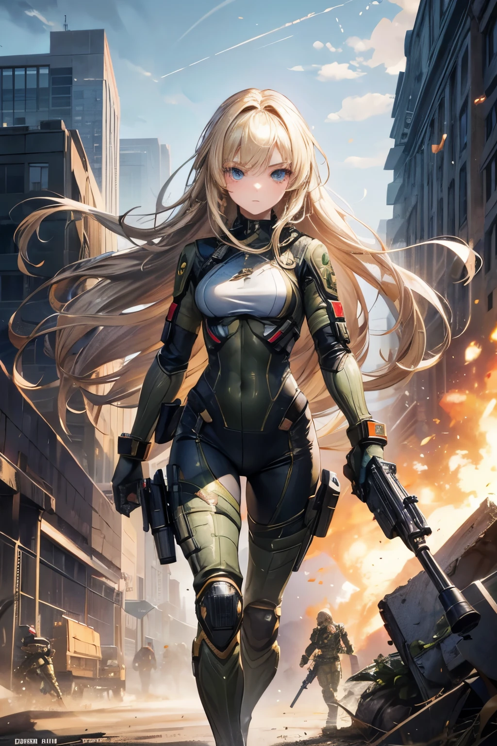 masterpiece,Highest quality,Very detailed,Fighting Beautiful Girl, teenager,Long blonde hair,Beautiful and detailed eyes,skinny,Small breasts, full body,Dynamic,Camouflage combat suit,gun,battlefield