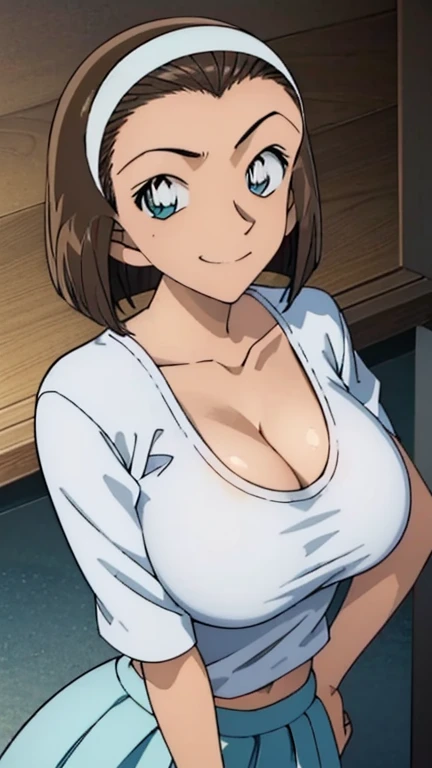 Looking into the camera、When I Look at You、lookatviewer、Anime Style、Eroge、1 Girl, (Huge long breasts:1.2), (White T-shirt、Cleavage、Maxi Skirt)、Low - Angle、Brown haired, hair band、short hair、Bob Hair、The forehead is visible、smile,Round Breasts、woman、From the side、From above