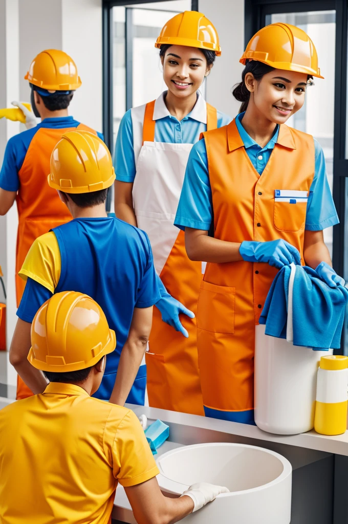 Cleaning staff with orange helmet and yellow safety vest with blue shirt below 