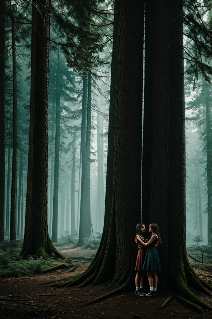 Create me a cover of a story where both girls were in a dark forest 
