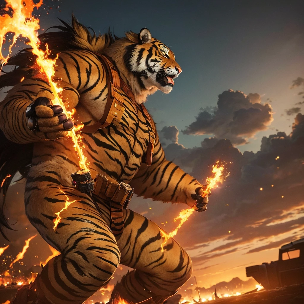 A giant beastman character in the form of a tiger，Wearing a camouflage military uniform，Wearing a pair of military boots。The background is dark clouds filled with firelight，Viewed from the ground upwards，Highlights his massive size。Beast Man holds a toy rifle in his left hand，Serious and focused expression