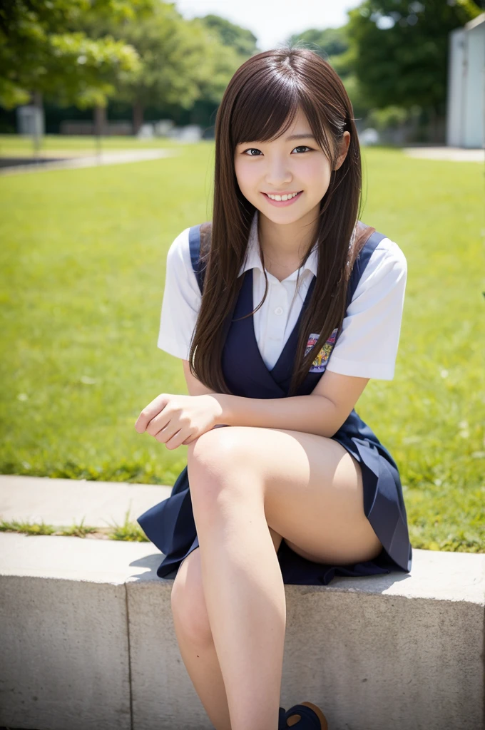 Pure Japanese school girl, outstanding body, beautiful legs, wearing uniform, natural hairstyles, sweet smile, sitting, refreshing in early summer,