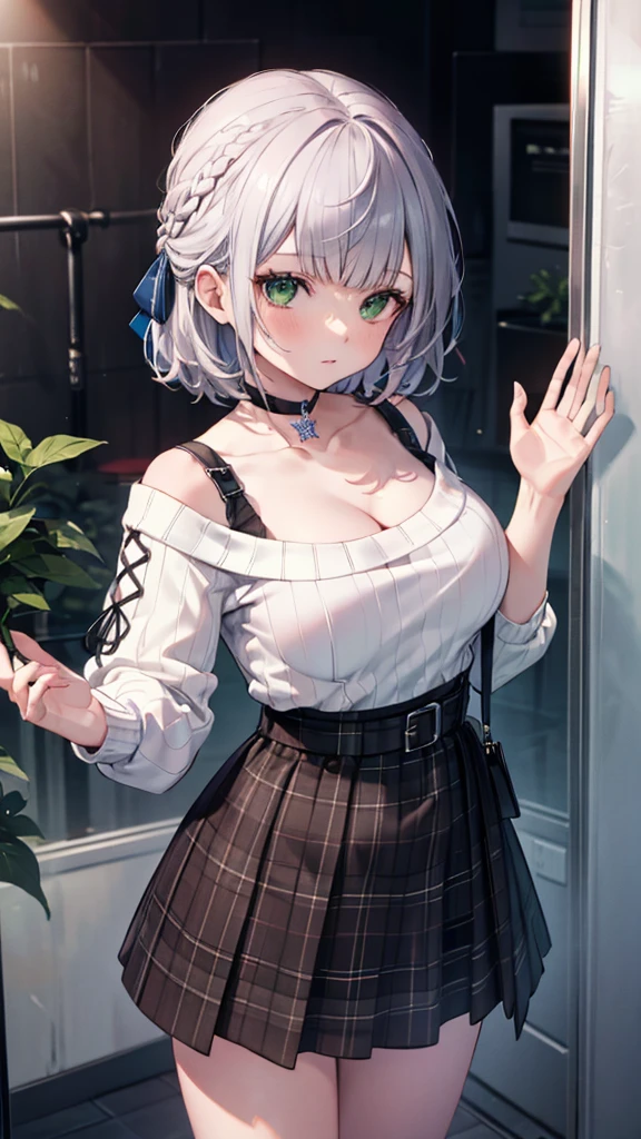 (Ultra-high resolution,masterpiece, Attention to detail, Highest quality), 8K,(ccnoel, short hair, french braid, hair ribbon, green eyes, black choker, collarbone, cleavage, off-shoulder sweater, white sweater, plaid skirt),(Blessed,Captivating body、Ultra-detailed skin、Super beautiful eyes、Detailed Background),One girl, breasts_on_Glass,breast press, against Glass, hands on Glass,window fog,