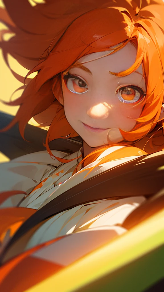 Highest quality、 masterpiece、Upper body close-up、Smiling woman、Windblown orange hair、Glowing red eyes、Background of phobia、White and green clothes