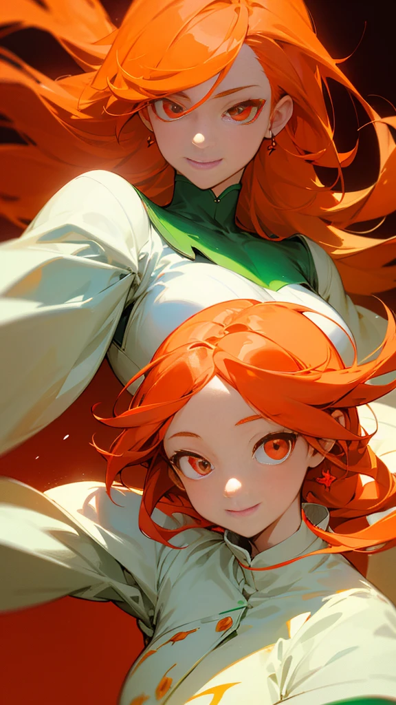 Highest quality、 masterpiece、Upper body close-up、Smiling woman、Windblown orange hair、Glowing red eyes、Background of phobia、White and green clothes