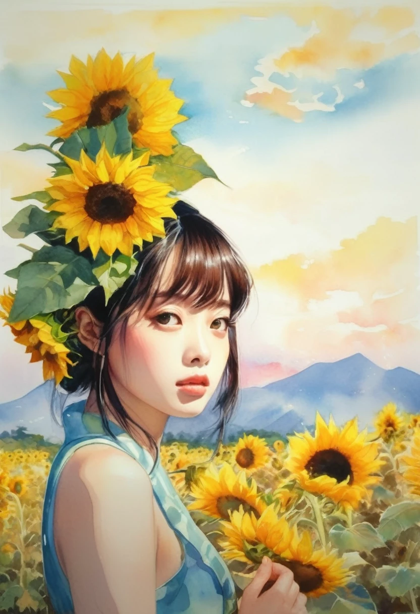 (artwork:Otomo Katsuhiro)
8K, High resolution, A complex and intricate masterpiece, (Summer vacation:1.2), (Girl holding a bouquet of sunflowers:1.1)、Sunflower field、Beautiful Face、transparent, Glowing black eyes, Blue sky and brown eyes, Medium Shot, Blue Hair, Organic Shapes, Hard Edge, Anatomically correct body,  Ultra-realistic, elegant,Cinema Lighting, Very detailed, Vibrant colors, Octane Rendered Sunflower Bouquet、 Unreal atmosphere, Award-winning works, Bright and rich colors, iridescent accents, Dramatic Shadows,Dynamic and atmospheric lighting, Anamorphic Lens, Sharp focus, 
Otomo Katsuhiroによる精緻で緻密な傑作, Katsuhiro Otomo STYLE, Pop Surrealism, watercolor , Kanna Hashimoto