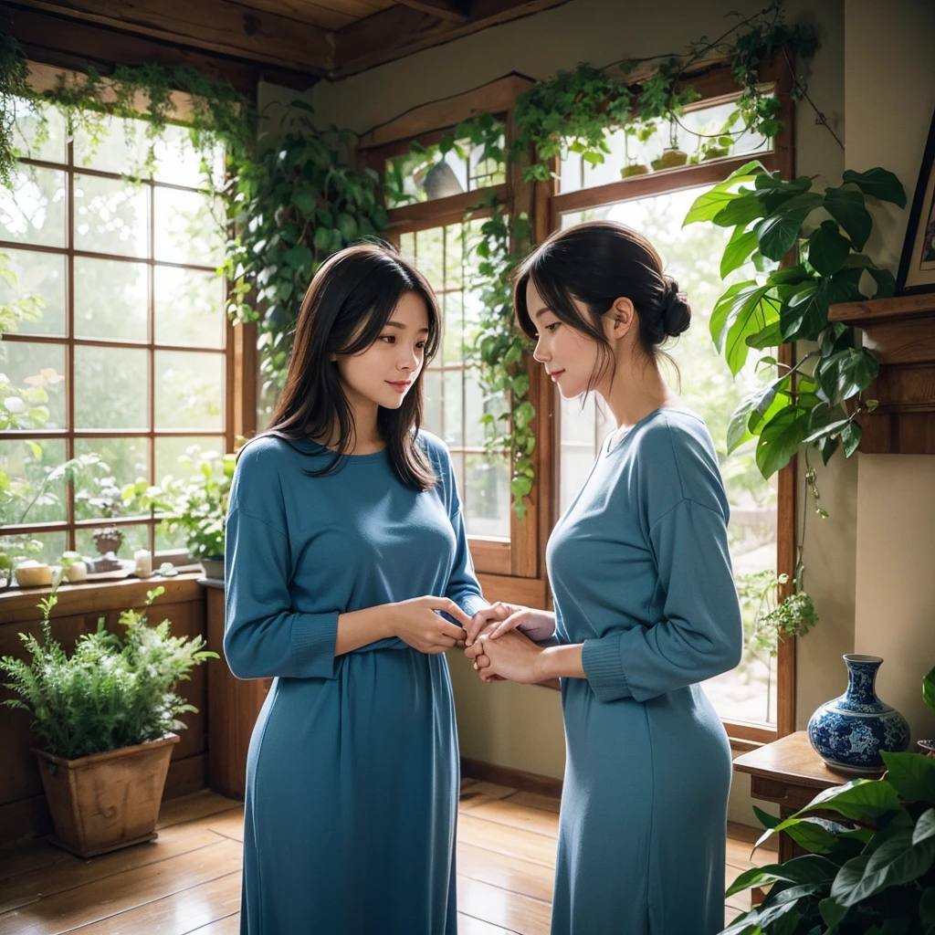 A devoted and nurturing woman, dressed in blue clothing, representing the ISFJ (Defender) MBTI personality type. She is depicted with a gentle and loving expression, holding her boyfriend's hand tenderly. They are in a warm and inviting environment, such as a cozy living room or a beautiful garden, highlighting her caring nature and unwavering loyalty. The colors should be soft and inviting, with the blue of her attire standing out to emphasize her personality type.