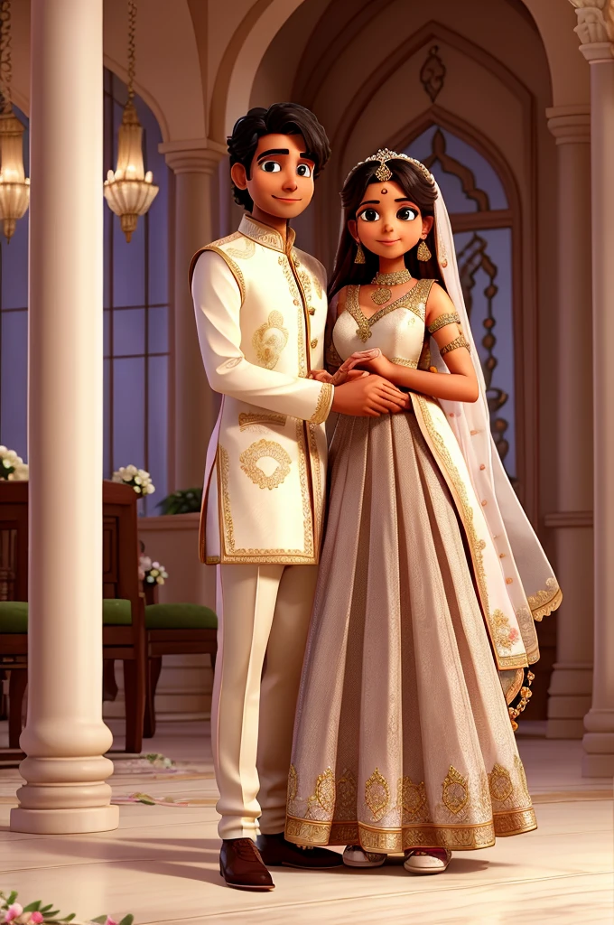 An indian man and woman hugging during thier wedding in a restaurant full of flowers. The woman wears a grand peach dress with silver rhinestones and the man wears a grand but traditional indian wedding clothing. on the floor there are 3 cats: one brown and white, one grey, and one black. The man and woman are surrounded by beautiful architecture and flowers.