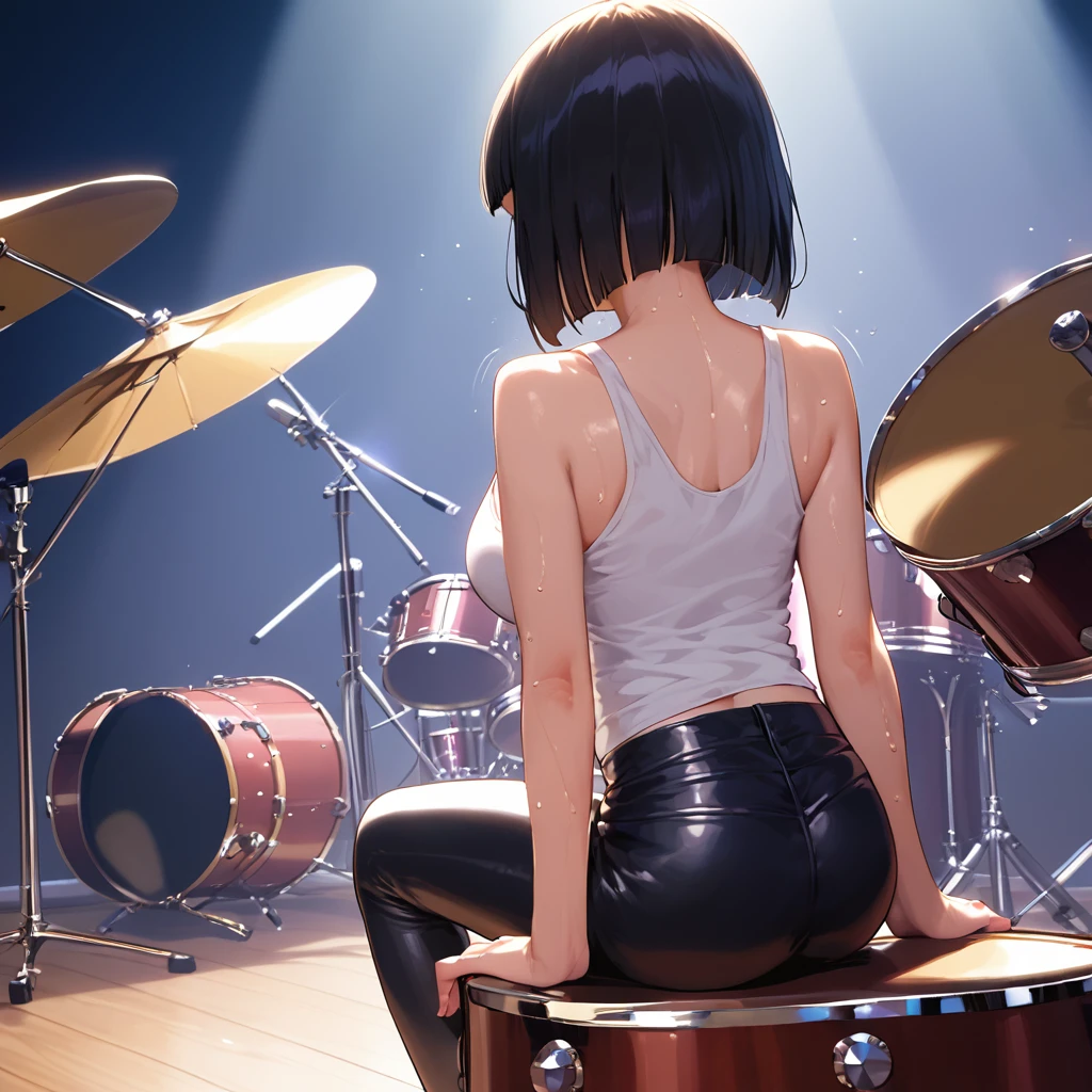 score_9,score_8_up,score_7_up,masterpiece,best quality, source anime, realistic, super detailed, extreme detailed, rating_safe,
1girl, sitting, (playing drums, motion lines:1.3), back view, from behind, not facing the camera,
BREAK girl, 22yo, short hair, bob cut, (blunt bangs), black hair, (large breasts:0.9),
shiny hair, 
slender, small ass, slim legs,
tank top, tight leather pants, (sweat:1.3),
on stage, live stage, Flashy lighting, audience,