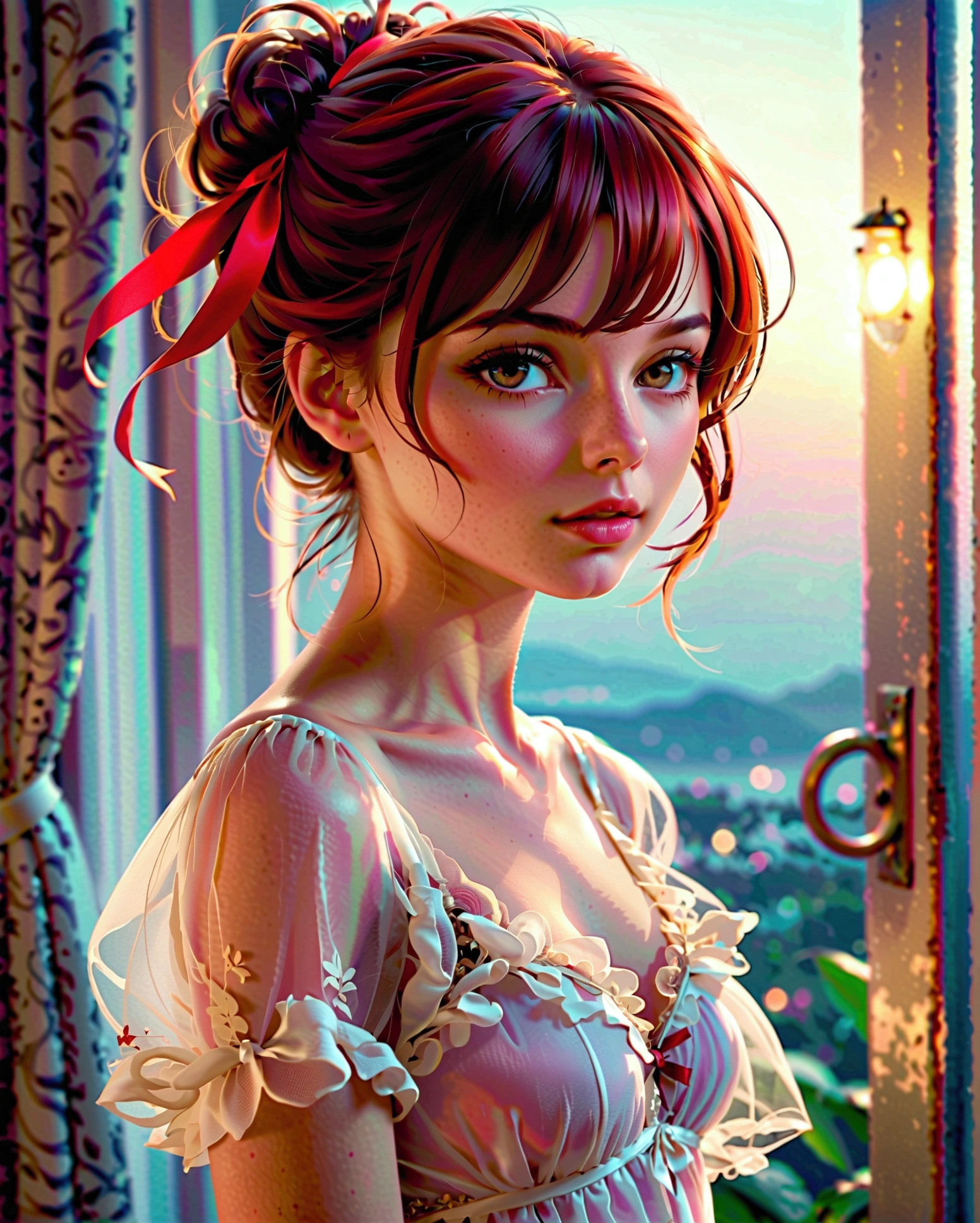  She's standing face to face in her room at night,She wears a very sexy transparent tulle nightgown She has her hair tied up with a red ribbon She has medium round and perky breasts underneath her white tulle shirt.Slim waist, beautiful legs, beautiful eyes, perfect skin Short layered nightgown in transparent tulle fabric, 1 solo, Style: portrait, blurred background f1.2, full HD resolution, 8k, Dark vignette at the edges, cinematic effect with soft shadows and light and shadow curve at -10, best quality, professional realistic, detailed eye, double eyelid, brighten skin, real hair, realistic skin texture, Masterpiece texture, realistic clothing texture, perfect face and body.