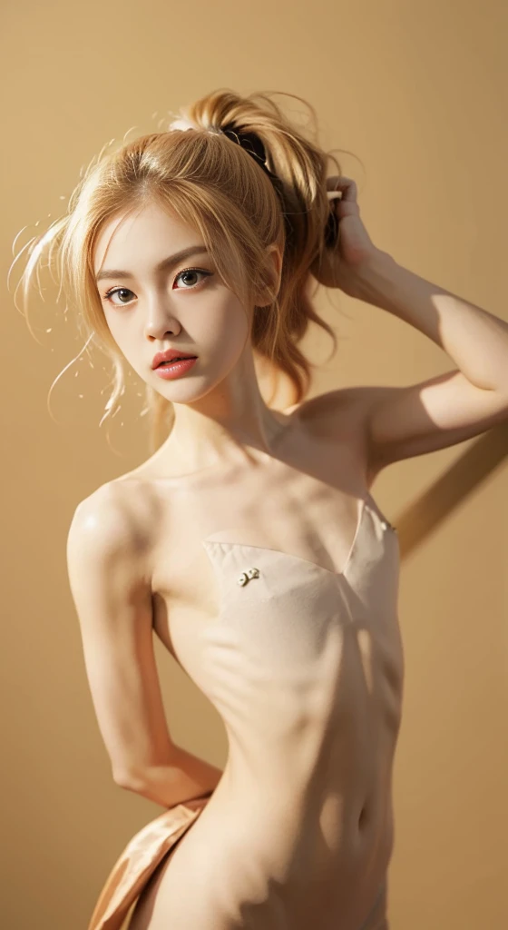 Photograph of an anorexic emaciated extremely skinny female model wearing a red garters, black 6" wide choker on neck, no pants, tight cotton shirt, nipples protruding through top, blonde hair, bright red lipstick, heavy black mascara eye lashes, full body photograph, incredibly skinny body, extremely skinny body, emaciated body, tiniest waist ever, well-defined collar bones, well-defined hip bones, well-defined ribcage, extremely skinny arms and legs, weak and fragile body, masterpiece, anatomically correct, textured skin, super detail, high details, high quality, best quality.