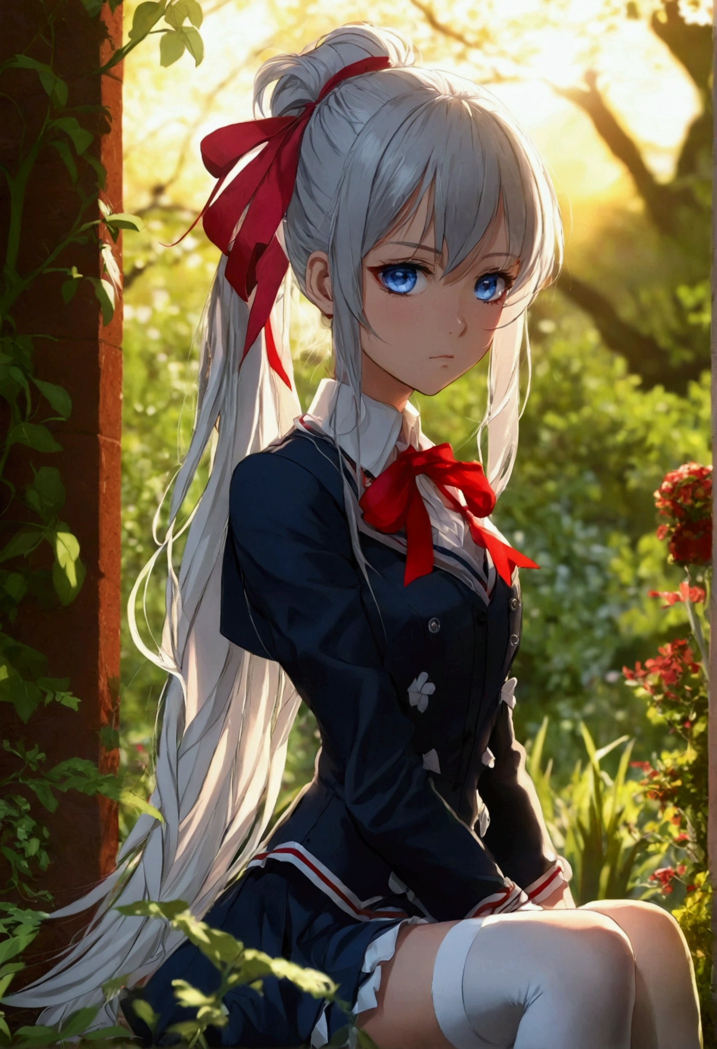 The anime girl has long, silver hair tied with a red ribbon, striking blue eyes, and a serious expression. She wears a light blazer over a dark vest or dress, a red bowtie, and white thigh-high socks. she appears thoughtful in the serene, light-filled setting.Sitting in a garden at sunset