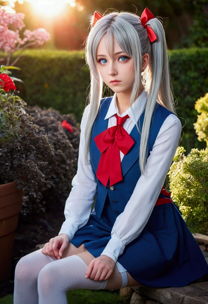 The anime girl has long, silver hair tied with a red ribbon, striking blue eyes, and a serious expression. She wears a light blazer over a dark vest or dress, a red bowtie, and white thigh-high socks.  she appears thoughtful in the serene, light-filled setting.Sitting in a garden at sunset