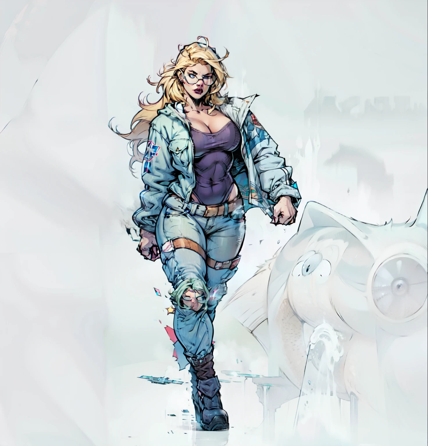 MARVEL COMICS WOMAN WITH JET BLACK SHADES GLASSES WEARING A BAKER SHIRT WALKING FORWARD BLOND HAIR BIG LARGE HIPS , NOT DEFORM FACE CREATE A GOOD NOSE , AND DONT DEFORM LEGS AND HER SHOWES