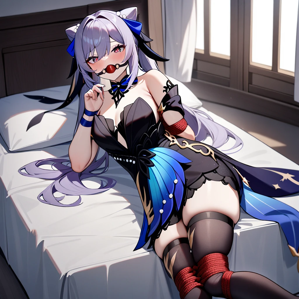 1girl, keqing \(opulent splendor\) \(genshin impact\), genshin impact,bedroom,lying on a bed, bondage,gaged,ballgag,rope,hand behind back,masterpiece,very aesthetic,newest,